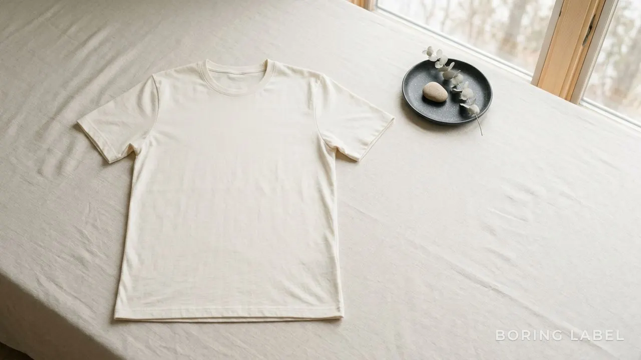 A plain light cotton t-shirt laid flat to dry on a clean pale surface near a softly lit window, smooth even fabric, calm neutral palette, soft natural daylight, minimalist still life with negative space