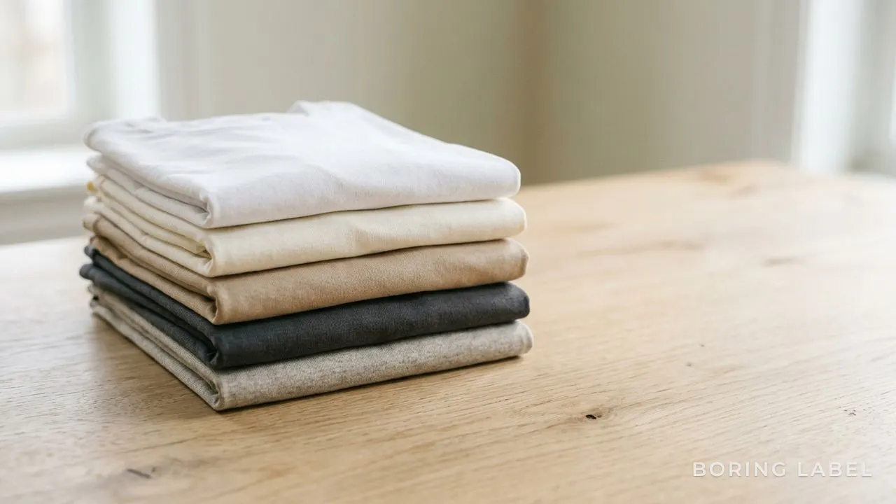 A neatly folded stack of plain cotton t-shirts in soft neutral tones on a pale wooden surface, gentle morning light, matte fabric texture, generous empty space, calm minimalist editorial still life