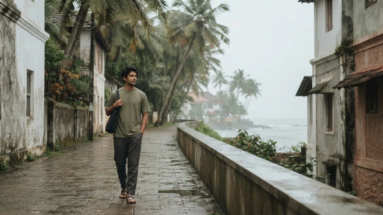 Person in a relaxed light cotton tee walking along a humid coastal street, palm trees and monsoon-grey sky in the background, soft diffused light, muted earthy tones