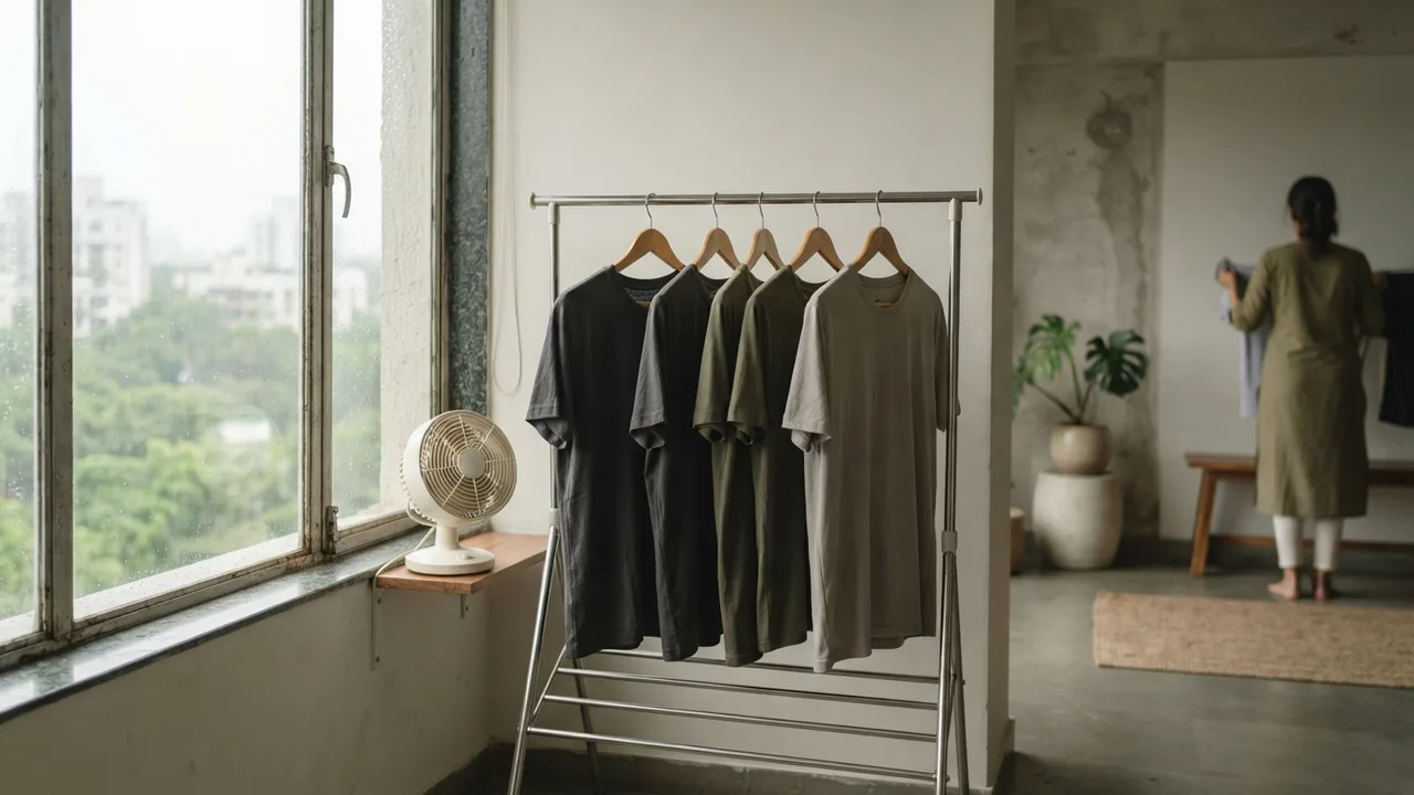 Indoor drying rack with spaced-out dark t-shirts, a small fan blowing across them, natural window light, tidy monsoon laundry setup, muted indoor tones