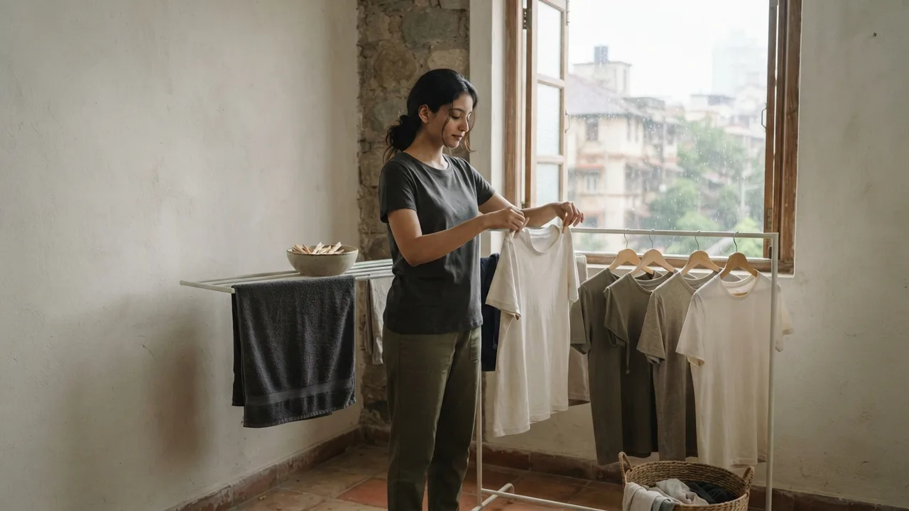 Minimalist editorial photo illustrating building a monsoon-ready laundry routine, muted neutral tones, soft natural light, premium plain t-shirt context