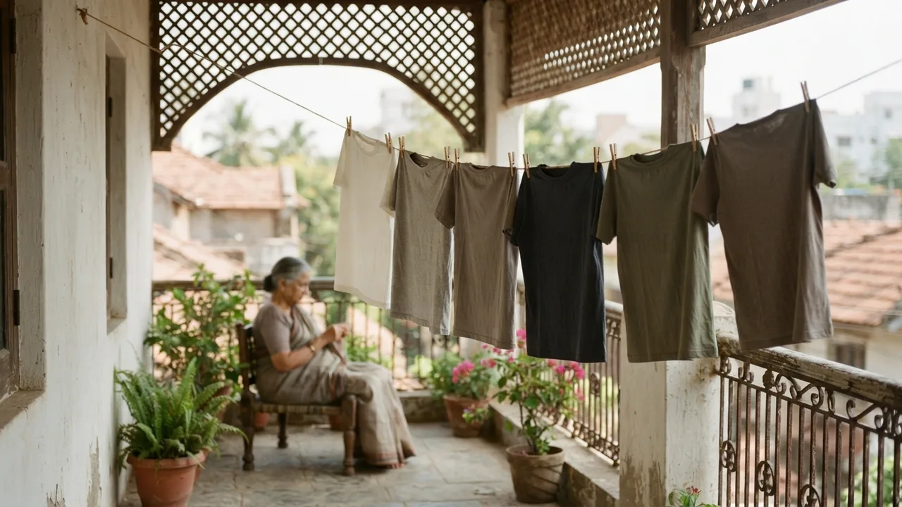 Cotton t-shirts hanging on a balcony line in filtered daylight, hung inside out, muted earthy palette, calm domestic still life