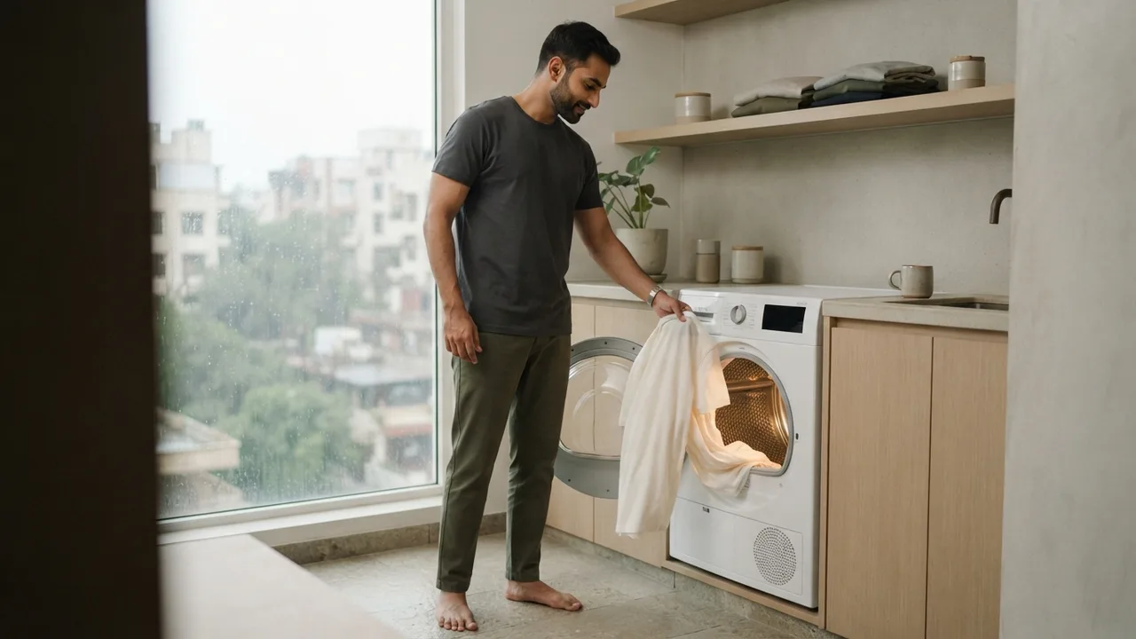 Minimalist editorial photo illustrating when a dryer genuinely makes sense, muted neutral tones, soft natural light, premium plain t-shirt context
