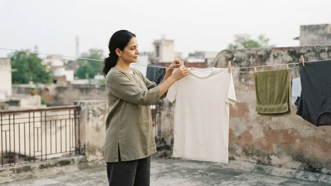 Minimalist editorial photo illustrating the right way to line dry in indian conditions, muted neutral tones, soft natural light, premium plain t-shirt context