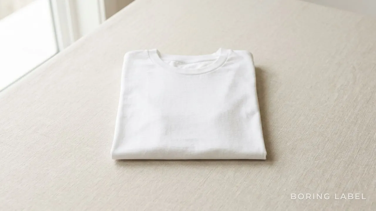 A crisp folded white cotton t-shirt on a pale neutral surface, bright soft natural light, clean minimalist still life, no logos, calm composition
