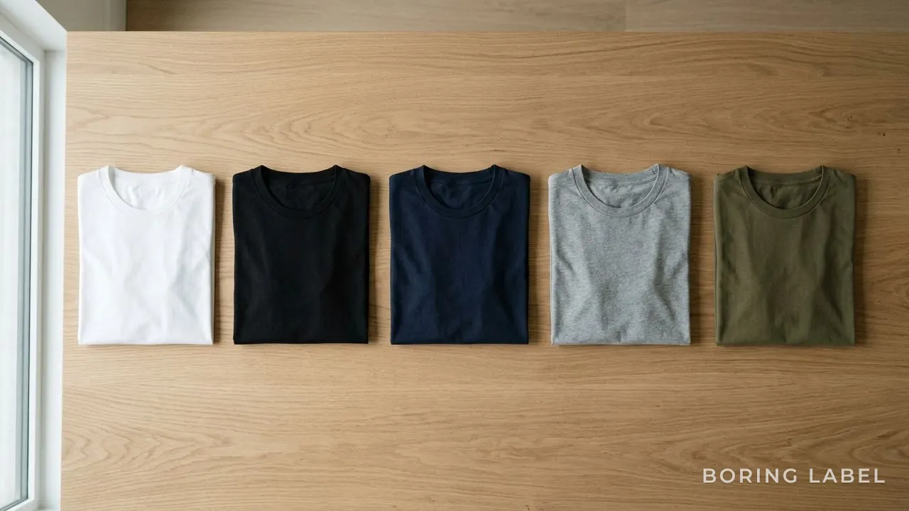 A neat flat-lay of folded plain t-shirts in white, black, navy, grey and olive arranged on a wooden surface, soft daylight, earthy neutral palette, calm minimalist composition