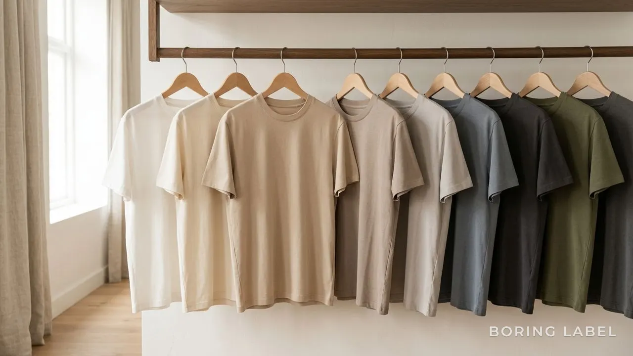 A tidy rail of hanging plain t-shirts in muted neutral and earth tones, evenly spaced, soft natural light, calm minimalist wardrobe still life, no logos