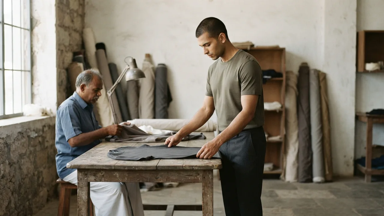 Minimalist editorial photo illustrating the tirupur context specifically, muted neutral tones, soft natural light, premium plain t-shirt context