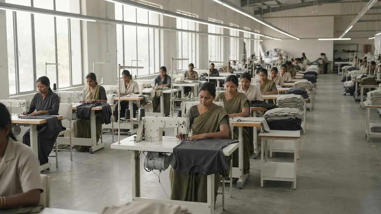 Minimalist editorial photo illustrating multiplied across a factory floor of 200 to 400 workers, the aggregate difference in dignity and financial security is significant, even though the per-shirt cost difference is small enough to round to a coffee's worth of money., muted neutral tones, soft natural light, premium plain t-shirt context