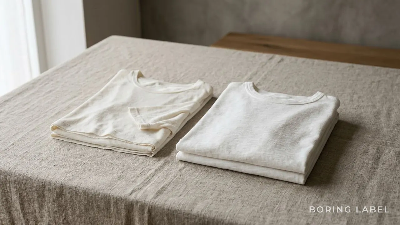 Two folded plain cotton tees side by side on a neutral linen surface, one thin and one heavier weave, soft daylight, minimalist editorial still-life