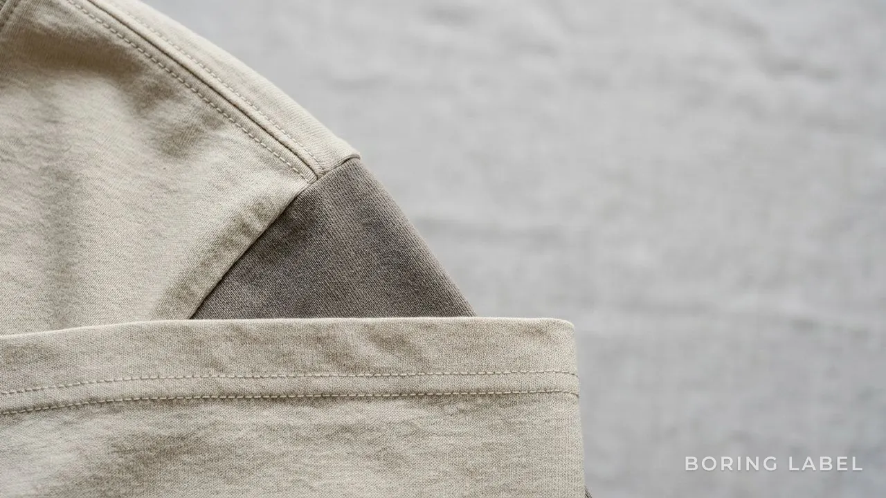 Close-up of a reinforced shoulder seam and double-stitched hem on a plain cotton tee, neutral earthy tones, soft daylight, detail still-life, no text