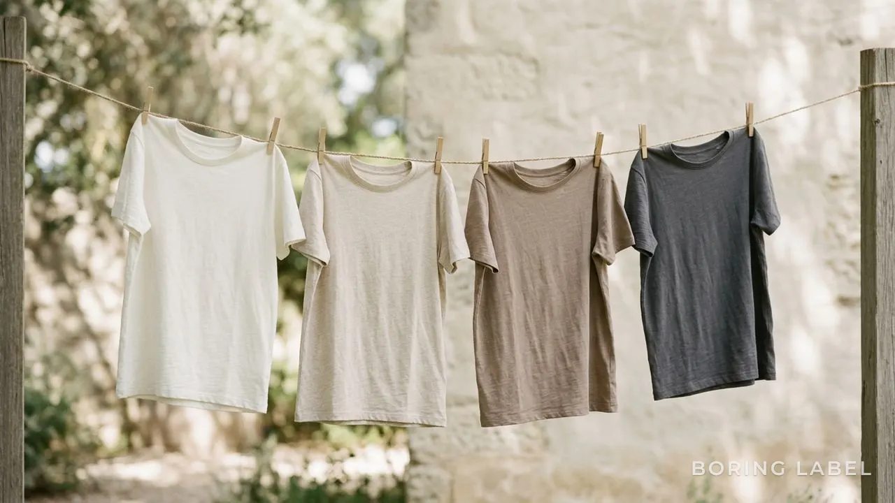 Lightweight earth-toned tees on a line drying in soft shade, warm neutral palette, calm daylight, minimalist editorial photography, no people