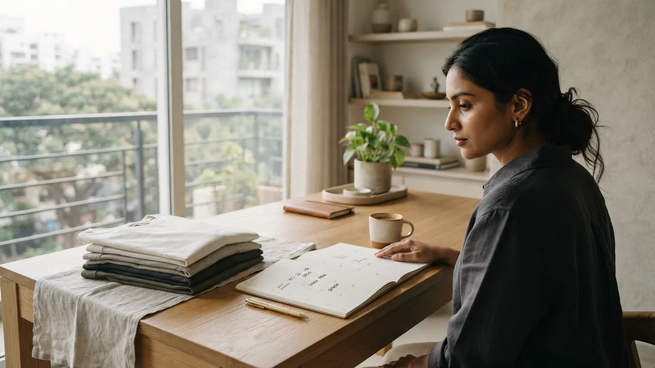 Calendar and neatly folded neutral t-shirts on a desk, planning seasonal sale purchases, muted neutral tones, soft natural light