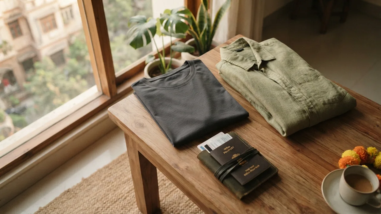 Flat lay of a folded charcoal round-neck tee, a light linen overshirt, and travel documents on a warm wood surface, soft window light, calm festive-season packing scene