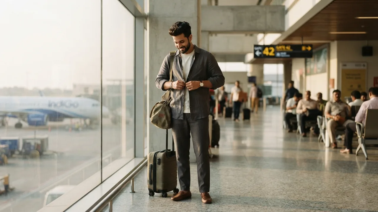 Traveler adjusting a light linen overshirt over a plain tee at an airport gate, warm afternoon light, relaxed festive travel mood, minimal luggage