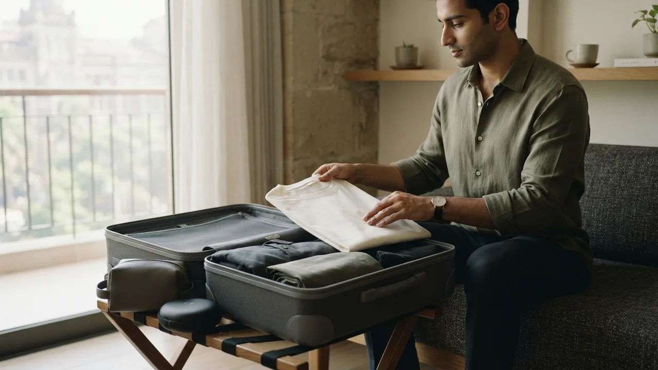 Minimalist editorial photo illustrating packing it without checking a bag, muted neutral tones, soft natural light, premium plain t-shirt context