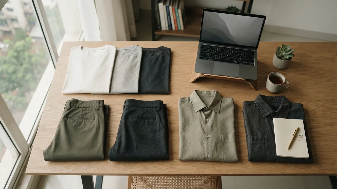 Flat lay of a first-job office wardrobe: three neutral t-shirts, two pairs of structured trousers, a collared shirt, and a light overshirt arranged on a desk near a laptop, clean daylight