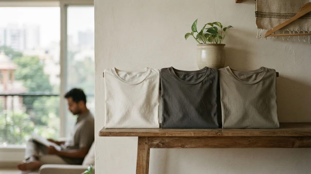 Minimalist editorial photo illustrating rotate all three tees evenly rather than reaching for a favourite every day; even wear across all three extends the useful life of the whole set rather than wearing out one piece twice as fast as the others., muted neutral tones, soft natural light, premium plain t-shirt context