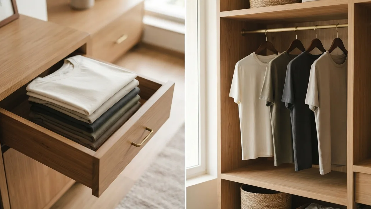 Two-panel flat-lay: neatly folded cotton t-shirts stacked in an open wooden drawer on one side, and t-shirts on wide wooden hangers in an open closet on the other, natural light, muted neutral tones