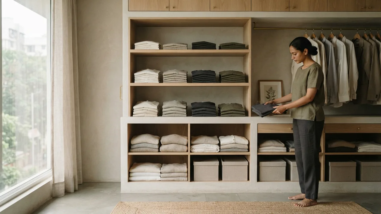 Minimalist editorial photo illustrating storage and the bigger durability picture, muted neutral tones, soft natural light, premium plain t-shirt context