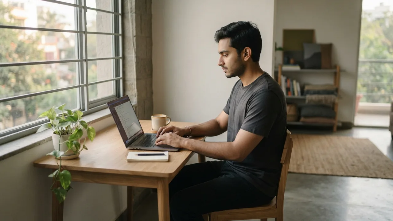 Freelancer working at a tidy home desk in a plain charcoal t-shirt, laptop open, muted neutral tones, soft natural light