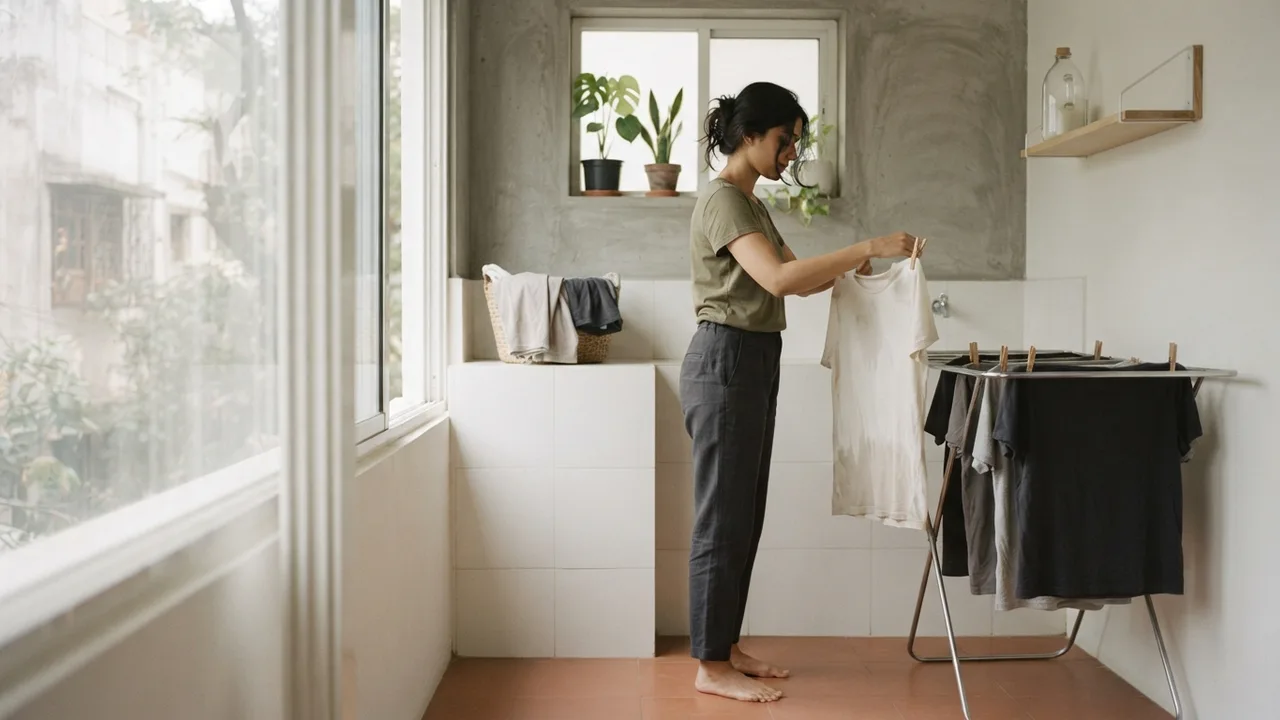 Minimalist editorial photo illustrating because a freelancer uniform sees more wear than a typical wardrobe rotation, laundry routine matters more than usual. washing the same two or three tees every few days means fading, shrinkage and pilling show up faster if the care routine is wrong., muted neutral tones, soft natural light, premium plain t-shirt context