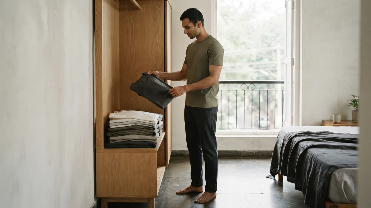 Minimalist editorial photo illustrating when a uniform becomes a routine, not just an outfit, muted neutral tones, soft natural light, premium plain t-shirt context
