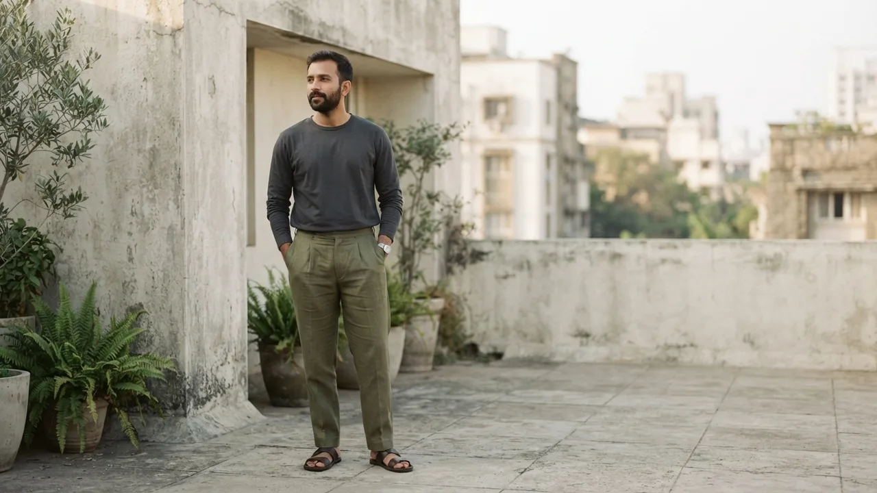 Minimalist editorial photo illustrating styling a full-sleeve tee so it does not look like a base layer, muted neutral tones, soft natural light, premium plain t-shirt context