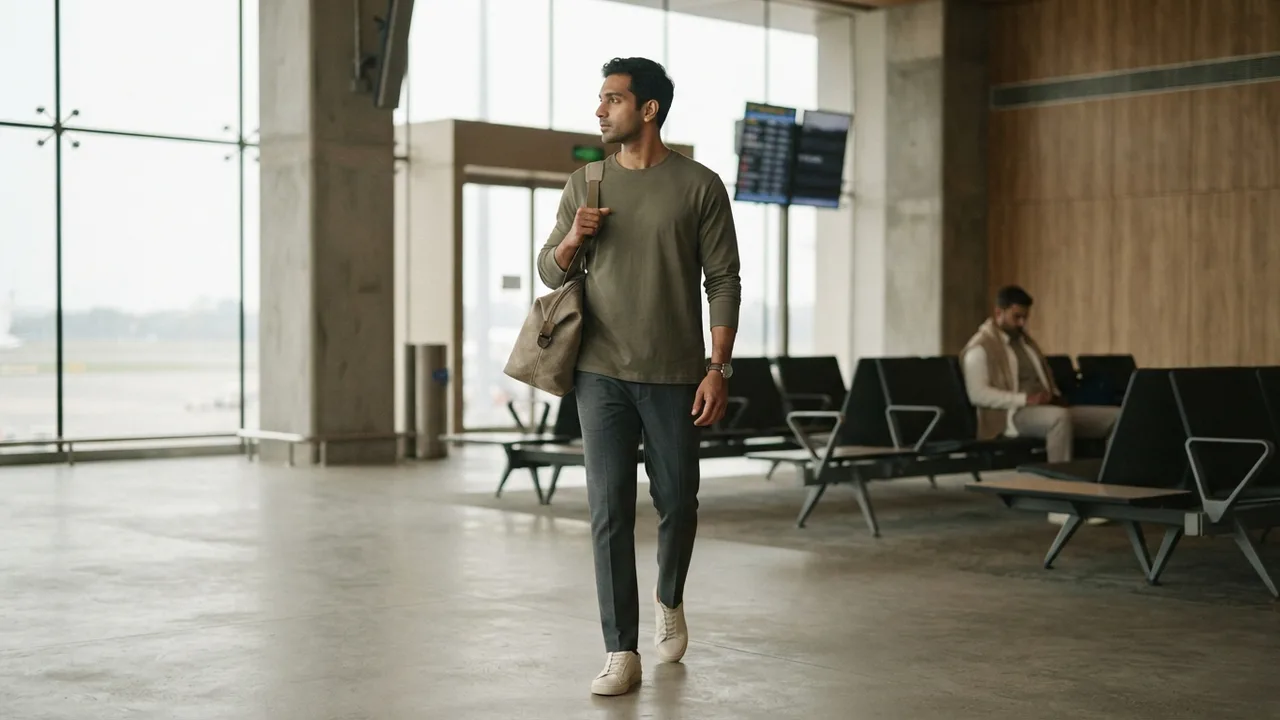Minimalist editorial photo illustrating a full-sleeve tee earns a specific place in a travel wardrobe that short sleeves cannot fill as well. flights are cold, airport air conditioning is aggressive, and destinations often swing between climate extremes within a single trip., muted neutral tones, soft natural light, premium plain t-shirt context