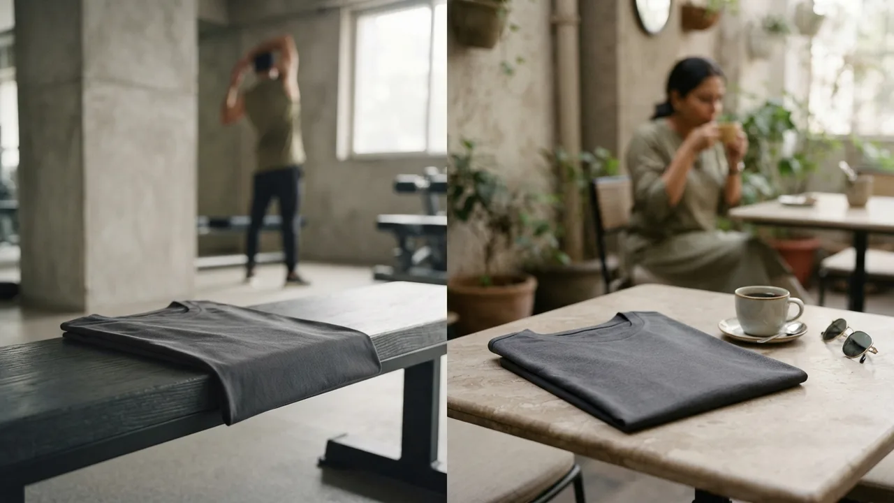 Split composition showing a plain grey t-shirt on a gym bench beside the same tee style folded neatly on a cafe table, natural light, minimalist neutral tones