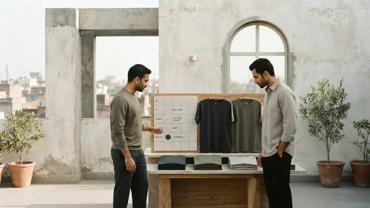 Minimalist editorial photo illustrating a quick reference table, muted neutral tones, soft natural light, premium plain t-shirt context