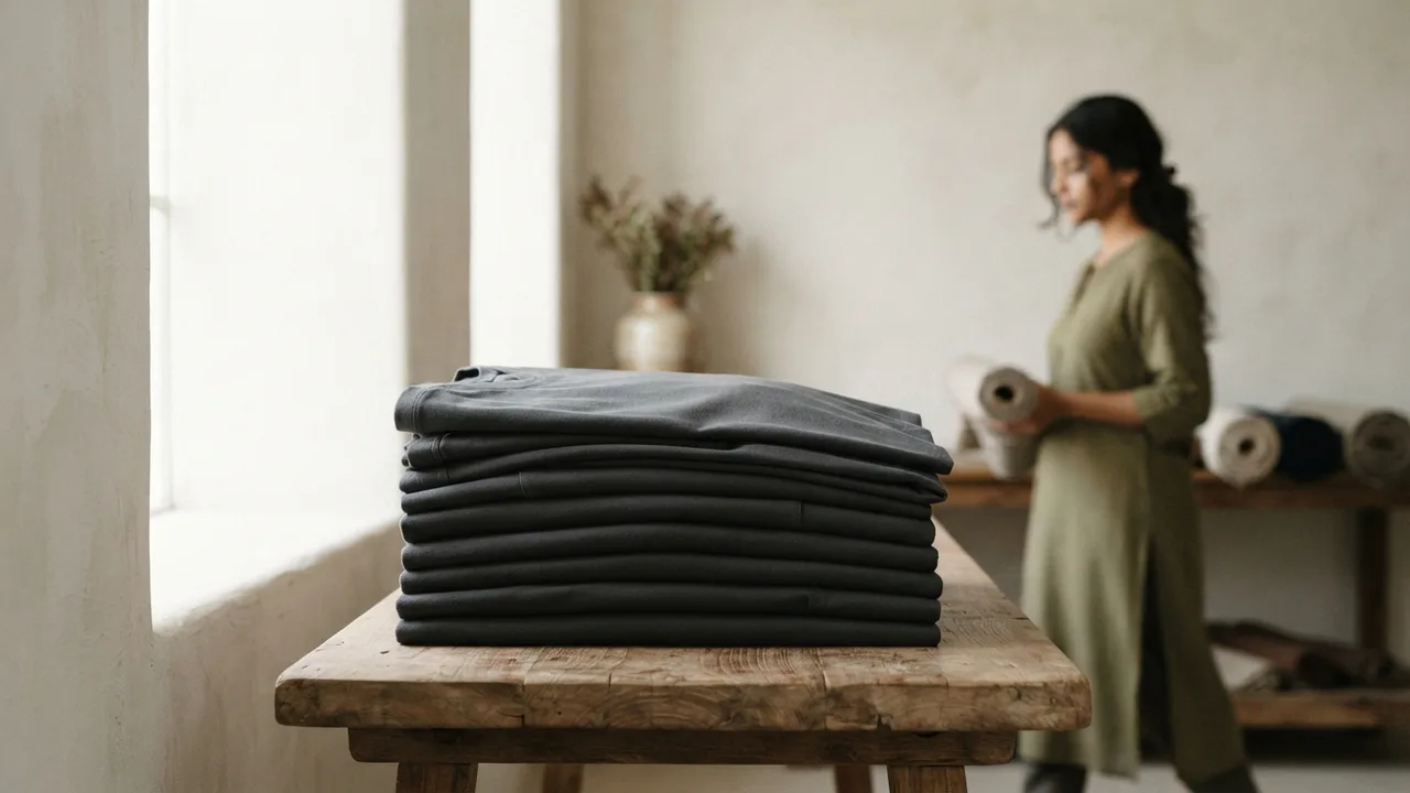 Folded charcoal heavyweight cotton t-shirts stacked on a wooden shelf, structured drape visible in the top fold, soft studio light, neutral warm tones