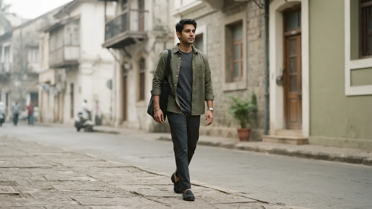 Minimalist editorial photo illustrating for colder months, layer it under an open overshirt or light jacket and leave the top button undone, which lets a sliver of the placket show through, a small detail that reads as considered rather than accidental., muted neutral tones, soft natural light, premium plain t-shirt context