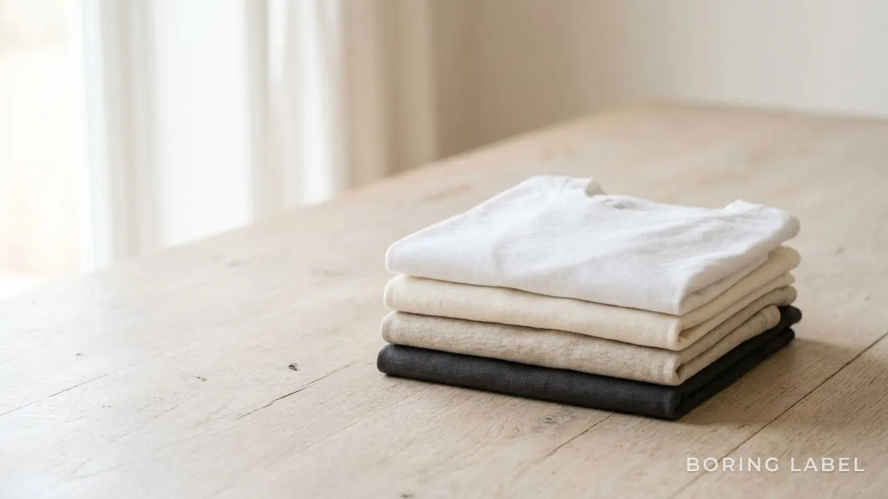 A small neat stack of folded plain cotton t-shirts in soft neutral tones resting on a pale wooden surface, soft natural daylight, generous negative space, minimalist editorial still life, calm and premium
