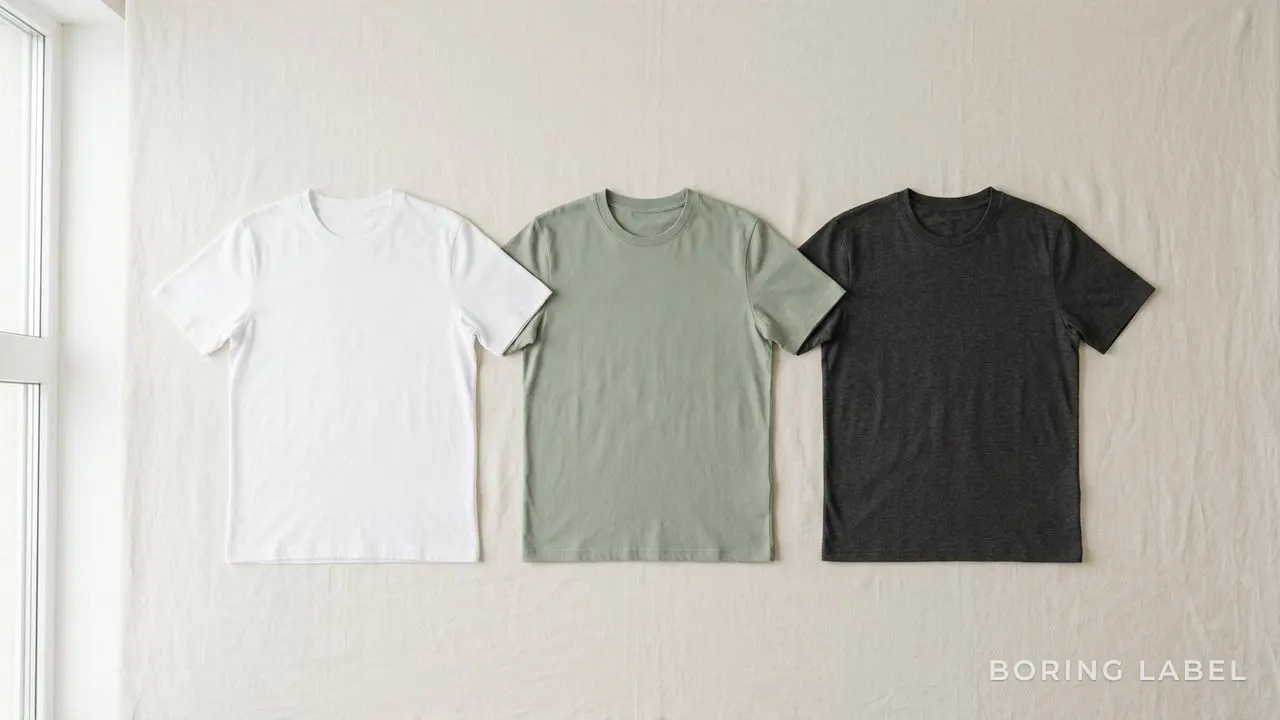 Three identical plain t-shirts in white, charcoal and a soft muted colour laid flat side by side on a cream linen surface, even soft daylight, clean symmetry, minimalist editorial composition, matte and calm