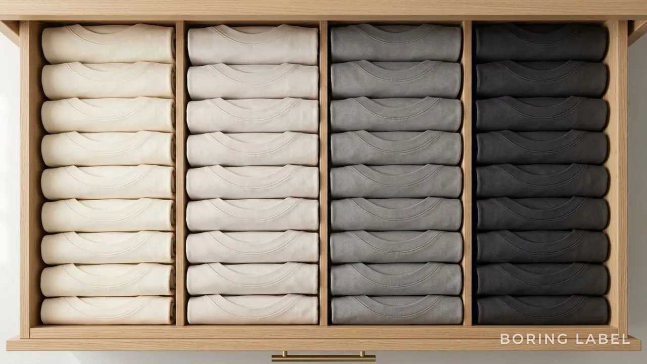 A neatly arranged drawer of identical folded plain cotton t-shirts seen from above, soft even daylight, calm muted neutral palette, orderly rows with negative space, minimalist editorial still life, matte and premium