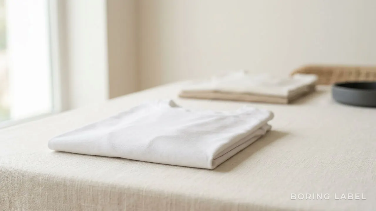 A single plain white cotton t-shirt folded crisply on a clean cream surface with two more folded tees softly out of focus behind it, soft natural daylight, deep negative space, minimalist editorial still life, matte and calm