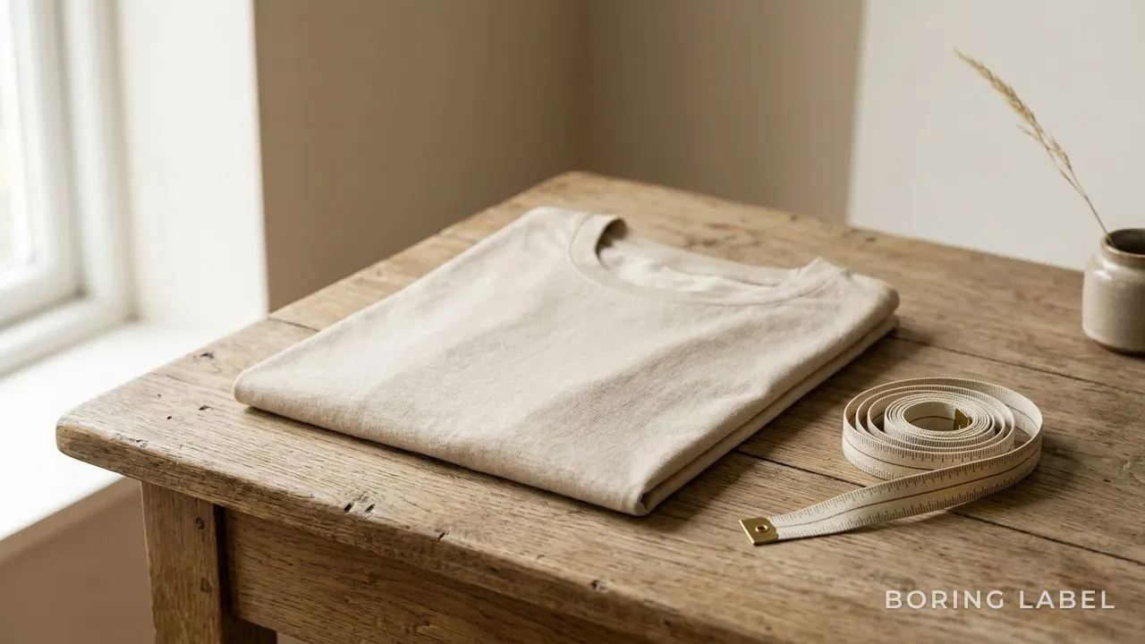A single favourite plain tee folded neatly on a wooden table beside a coiled cloth measuring tape, warm natural light, calm neutral still life, sand and ecru tones