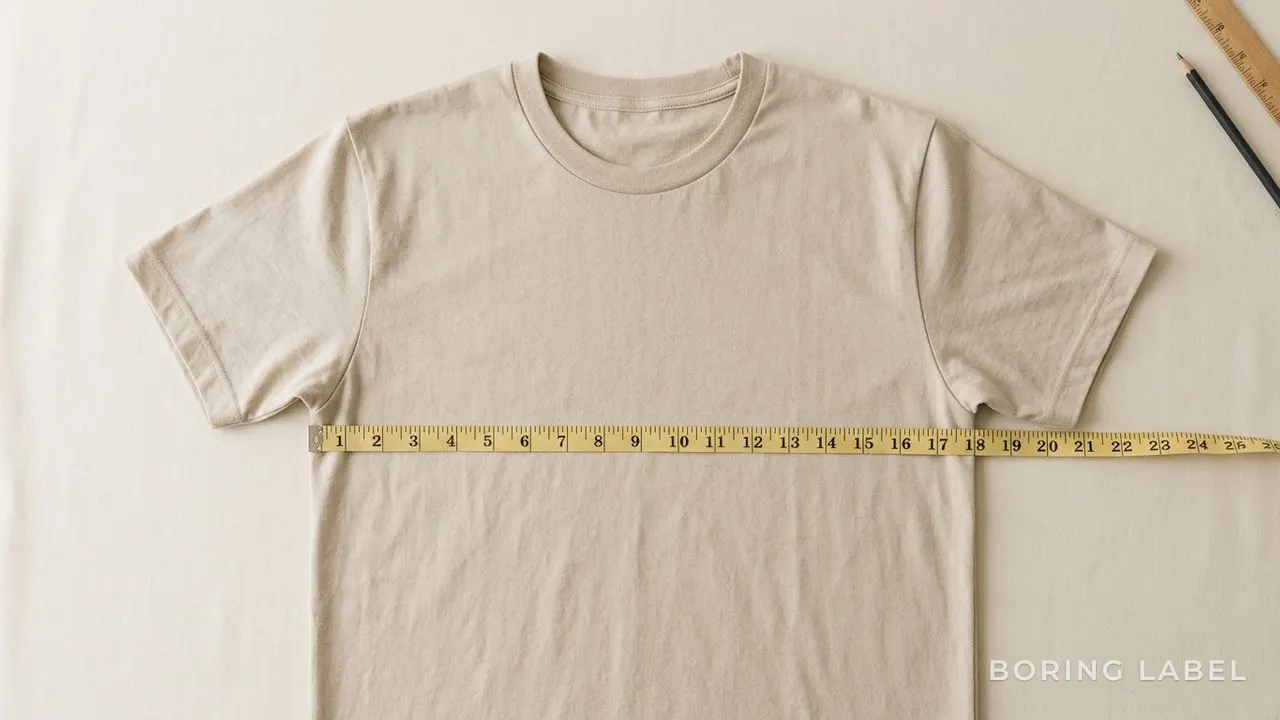 A plain tee laid perfectly flat and squared on a pale surface with a cloth tape measure stretched across the chest from seam to seam, top-down editorial photo, muted oatmeal tones