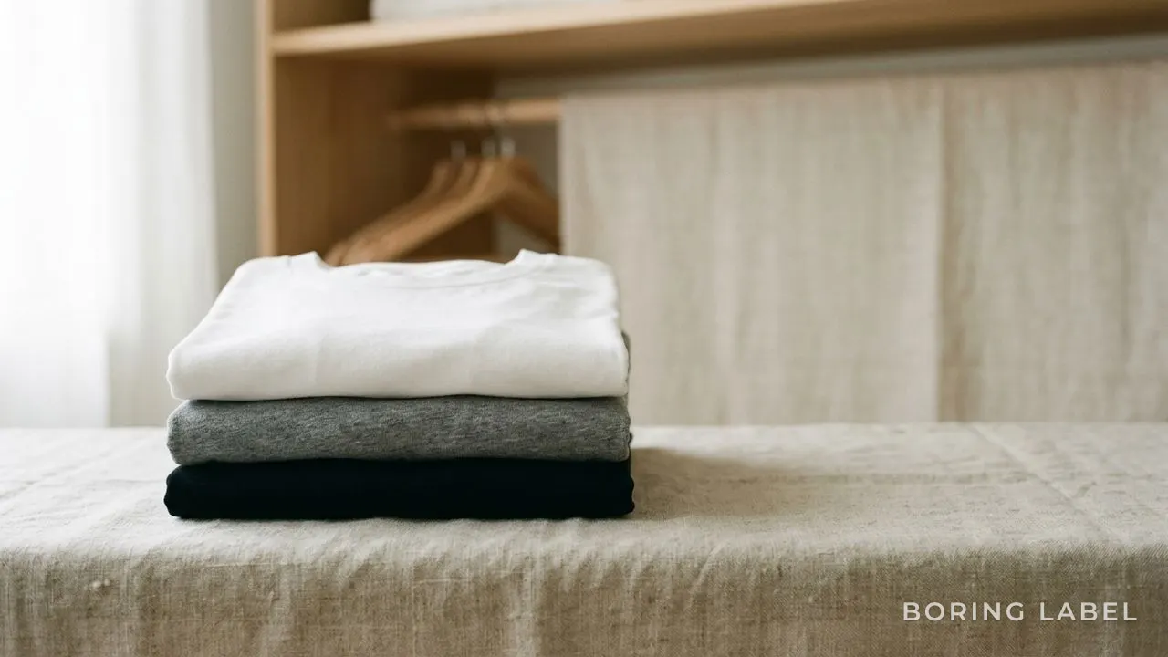 A small stack of three neatly folded plain tees in white, grey and black on a neutral linen surface, soft side light, tidy minimalist wardrobe still life