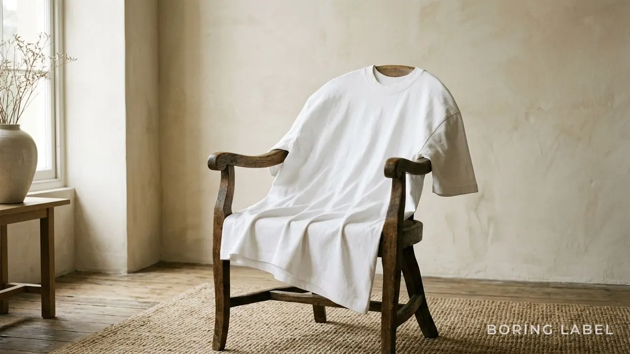 Oversized white cotton tee draped over a wooden chair, soft natural daylight, relaxed folds showing fabric drape, calm minimal interior, neutral palette, no text
