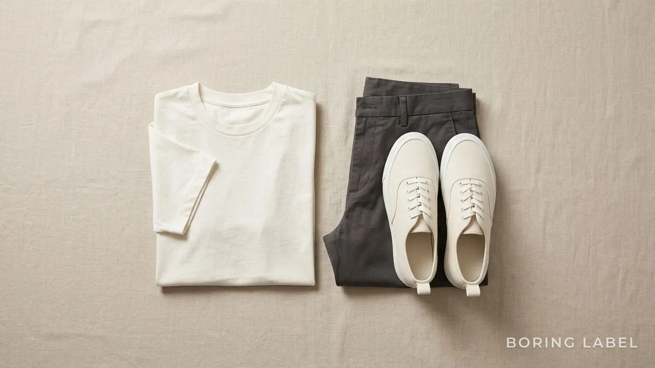 Flat-lay of relaxed-fit cotton tee folded beside slim trousers and canvas sneakers, neutral earthy tones, soft daylight, tidy minimal styling, no logos