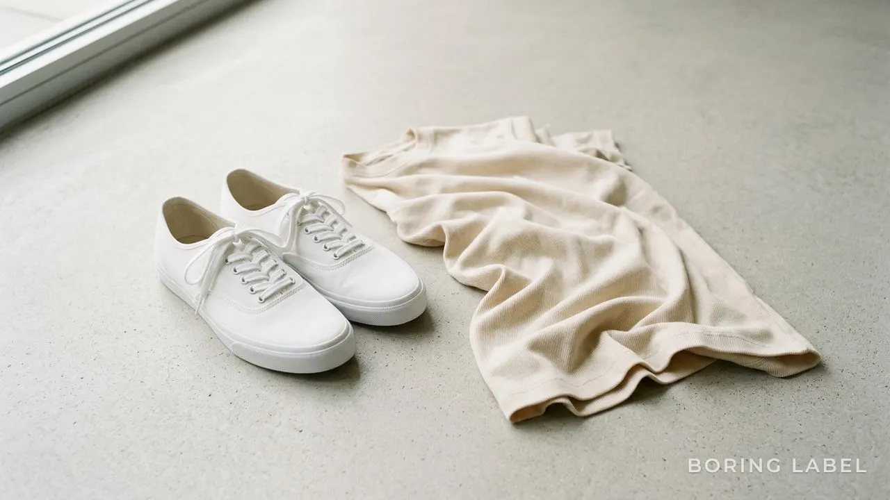Pair of clean white low-top sneakers beside a draped neutral cotton tee on pale concrete, soft shadow, minimal editorial still life, no text or branding