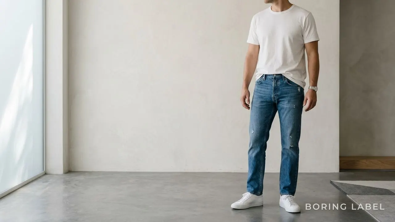 Man in a plain white crew-neck tee, mid-blue straight jeans and clean white sneakers, front-tucked hem, minimalist editorial photography, neutral palette, soft daylight, no text or logos, no face