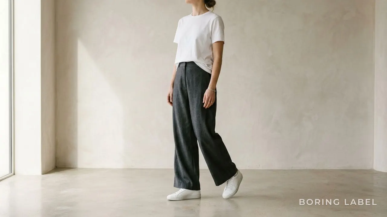 Plain white tee half-tucked into wide-leg trousers with white trainers, relaxed balanced-proportion styling, minimalist editorial photography, neutral palette, soft daylight, no text or logos, no face