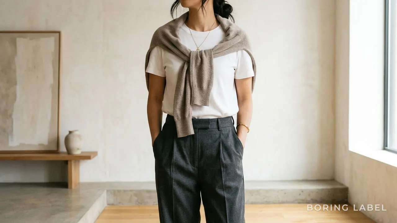 Plain white tee with a muted fine knit draped over the shoulders and loosely knotted, trousers below, transitional-weather styling, minimalist editorial photography, neutral palette, soft daylight, no text or logos, no face