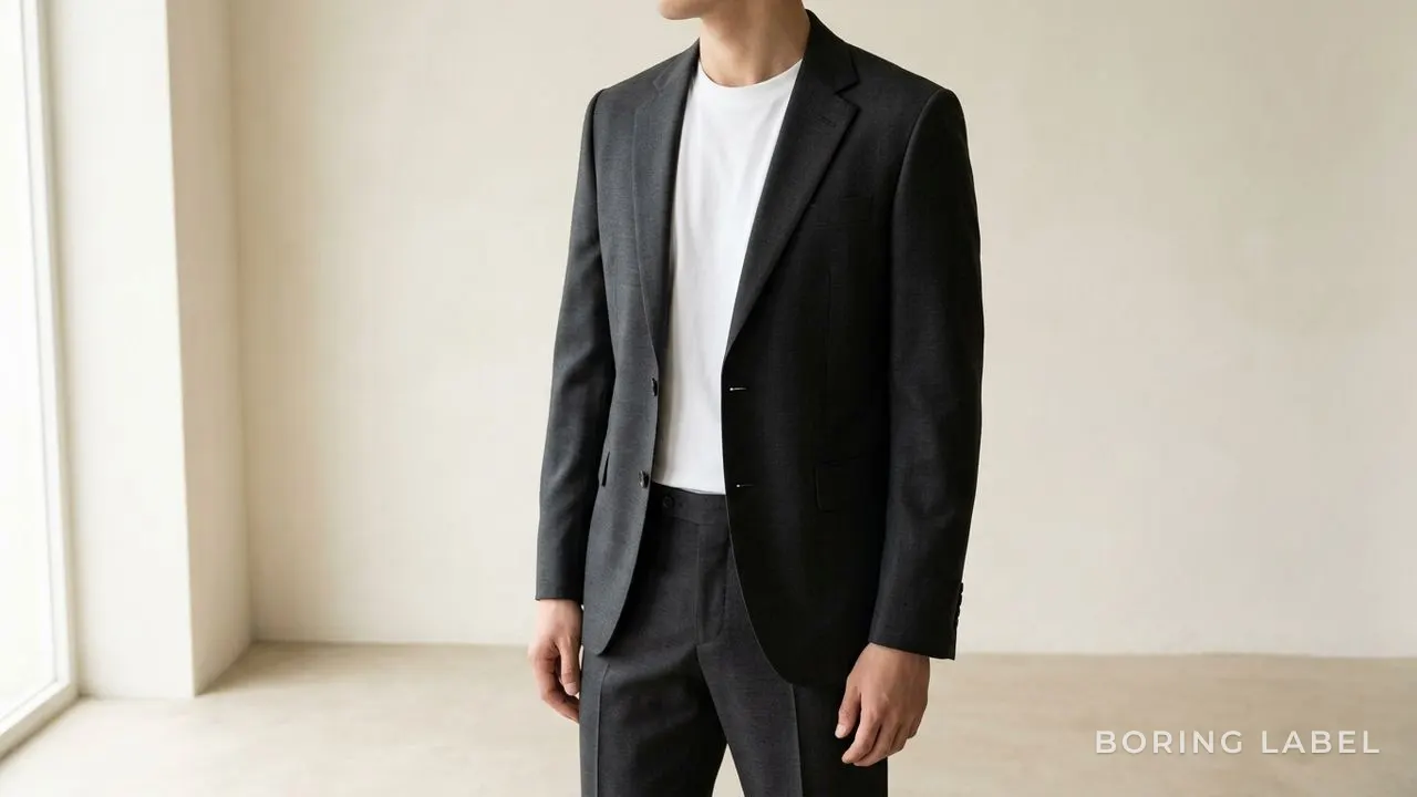 Plain white tee worn under a sharp tailored suit with no tie, top of the tee visible at the jacket opening, modern dressed-up styling, minimalist editorial photography, neutral palette, soft daylight, no text or logos, no face