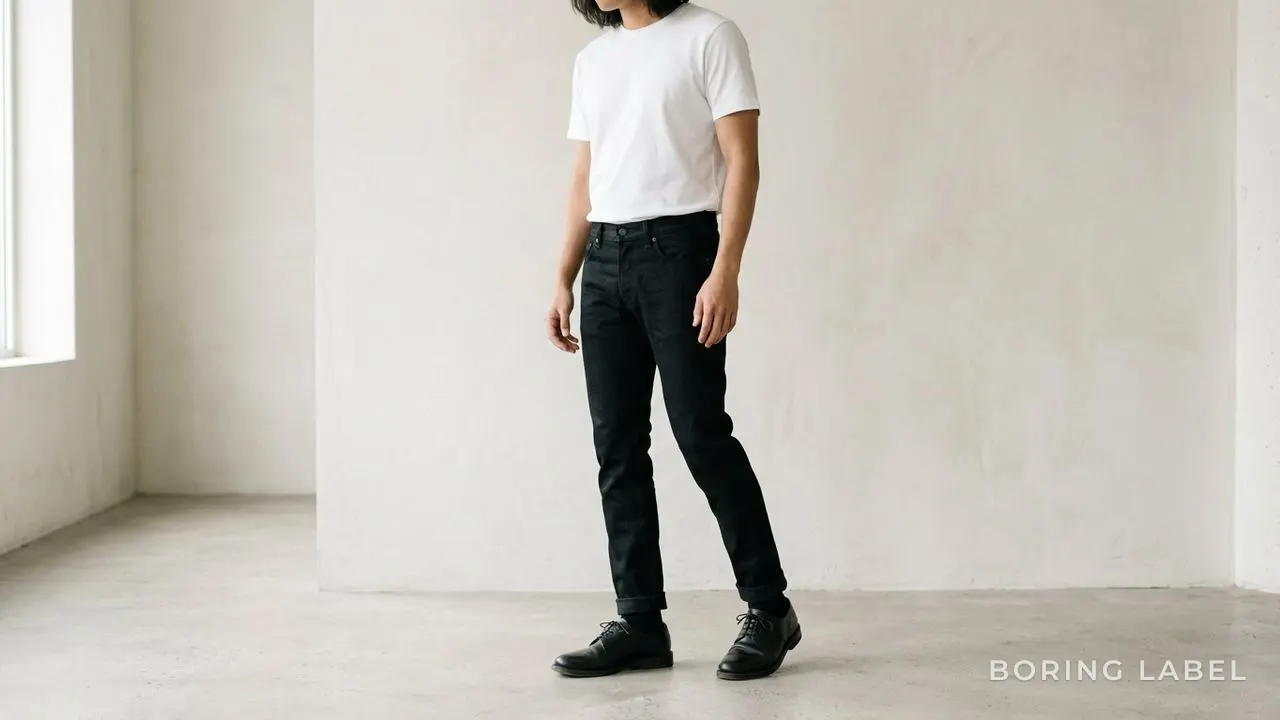 Plain white tee paired with deep black jeans and black leather shoes, high-contrast monochrome styling, minimalist editorial photography, neutral palette, soft daylight, no text or logos, no face