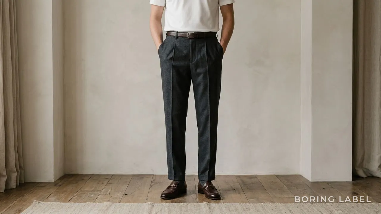 Plain white tee fully tucked into pleated trousers with leather loafers and a thin belt, smart-casual styling, minimalist editorial photography, neutral palette, soft daylight, no text or logos, no face