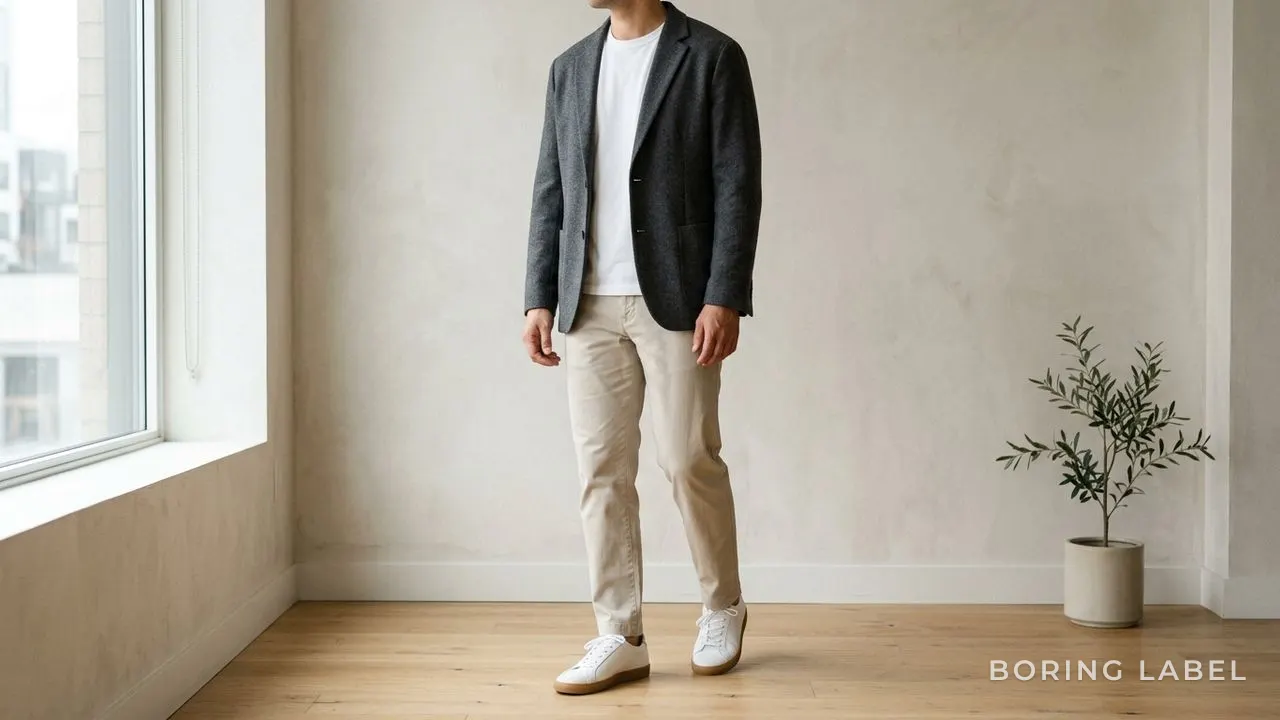 Plain white tee under a soft unstructured blazer with stone chinos and clean leather shoes, office-casual styling, minimalist editorial photography, neutral palette, soft daylight, no text or logos, no face